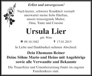 Traueranzeige von Ursula Lier von WVG - Wochenspiegel Dessau / Köthen