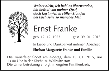Traueranzeige von Ernst Franke von Mitteldeutsche Zeitung Halle/Saalkreis
