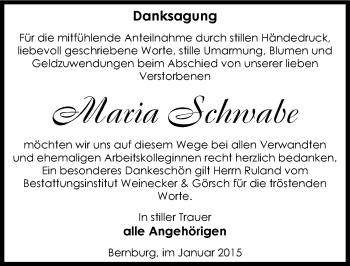 Traueranzeige von Maria Schwabe von Mitteldeutsche Zeitung Bernburg