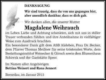 Traueranzeige von Magdalene Weihrauch von Mitteldeutsche Zeitung Bernburg