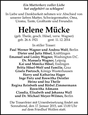 Traueranzeige von Helene Mücke von Mitteldeutsche Zeitung Bitterfeld