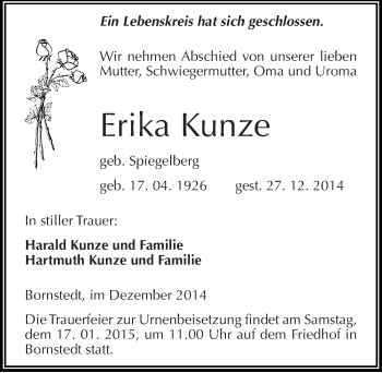 Traueranzeige von Erika Kunze von Mitteldeutsche Zeitung Mansfelder Land
