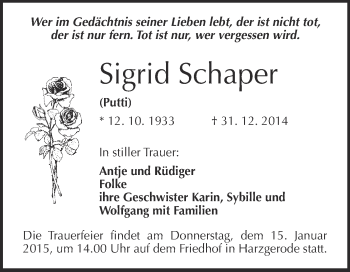 Traueranzeige von Sigrid Schaper von WVG - Wochenspiegel Quedlinburg