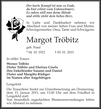 Traueranzeige von Margot Tröbitz von Mitteldeutsche Zeitung Naumburg/Nebra