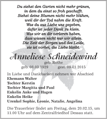 Traueranzeige von Anneliese Schneidewind von WVG - Wochenspiegel Dessau / Köthen