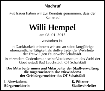 Traueranzeige von Willi Hempel von Mitteldeutsche Zeitung Merseburg/Querfurt