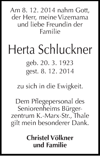 Traueranzeige von Herta Schluckner von Mitteldeutsche Zeitung Quedlinburg