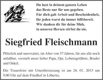 Traueranzeige von Siegfried Fleischmann von WVG - Wochenspiegel Bitterfeld
