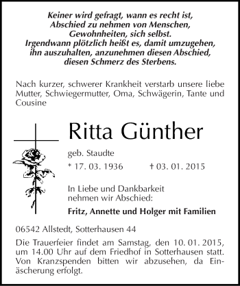 Traueranzeige von Ritta Günther von Mitteldeutsche Zeitung Sangerhausen