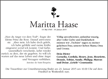 Traueranzeige von Maritta Haase von WVG - Wochenspiegel NMB / WSF / ZTZ