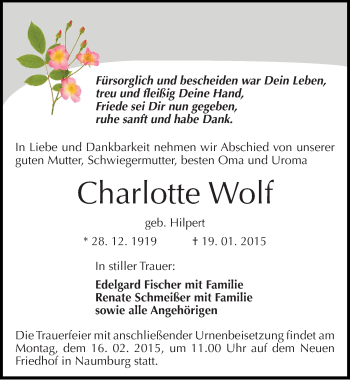 Traueranzeige von Charlotte Wolf von Mitteldeutsche Zeitung Naumburg/Nebra