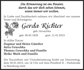 Traueranzeige von Gerda Richter von Super Sonntag Bernburg
