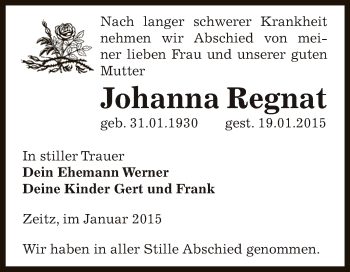 Traueranzeige von Johanna Regnat von Super Sonntag Zeitz