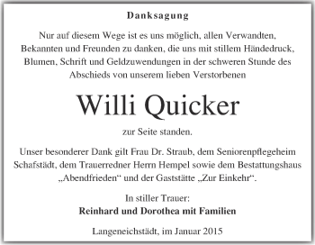 Traueranzeige von Willi Quicker von WVG - Wochenspiegel Merseburg