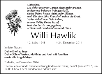 Traueranzeige von Willi Hawlik von WVG - Wochenspiegel Dessau / Köthen