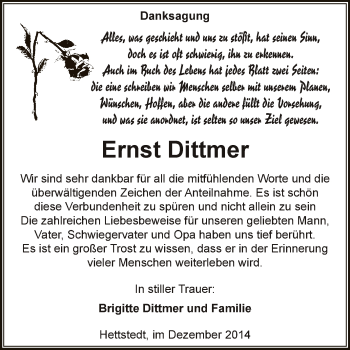 Traueranzeige von Ernst Dittmer von Wochenspiegel Mansfelder Land