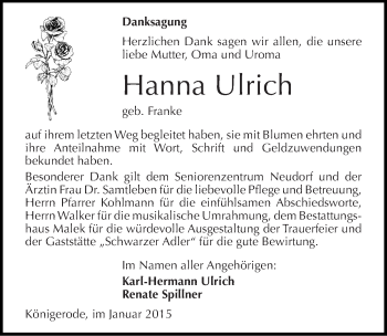 Traueranzeige von Hanna Ulrich von Mitteldeutsche Zeitung Quedlinburg