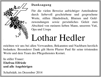 Traueranzeige von Lothar Hedler von Mitteldeutsche Zeitung Merseburg/Querfurt