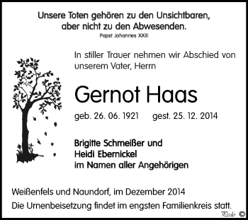 Traueranzeige von Gernot Haas von WVG - Wochenspiegel NMB / WSF / ZTZ