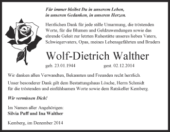 Traueranzeige von Wolf-Dietrich Walther von WVG - Wochenspiegel Wittenberg