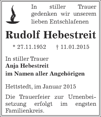 Traueranzeige von Rudolf Hebestreit von Super Sonntag SGH Mansf. Land