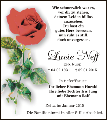 Traueranzeige von Lucie Neff von Super Sonntag Zeitz