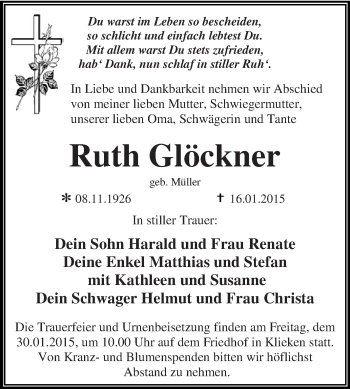 Traueranzeige von Ruth Glöckner von WVG - Wochenspiegel Dessau / Köthen