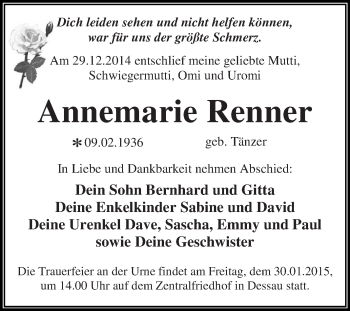 Traueranzeige von Annemarie Renner von WVG - Wochenspiegel Dessau / Köthen