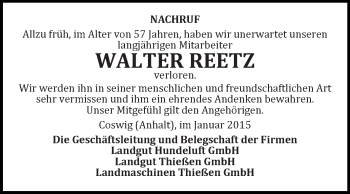 Traueranzeige von Walter Reetz von Super Sonntag Wittenberg