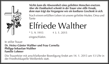 Traueranzeige von Elfriede Walther von WVG - Wochenspiegel NMB / WSF / ZTZ