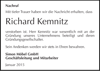 Traueranzeige von Richard Kemnitz von Mitteldeutsche Zeitung Quedlinburg