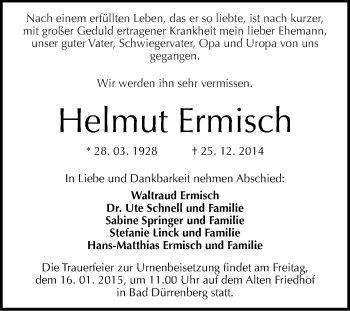 Traueranzeige von Helmut Ermisch von WVG - Wochenspiegel Merseburg