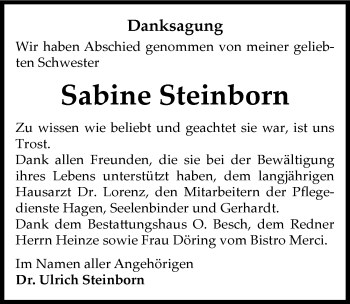 Traueranzeige von Sabine Steinborn von Mitteldeutsche Zeitung Dessau-Roßlau