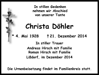 Traueranzeige von Christa Döhler von Mitteldeutsche Zeitung Naumburg/Nebra