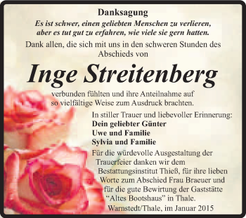 Traueranzeige von Inge Streitenberg von Super Sonntag Quedlinburg