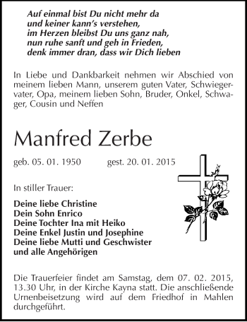 Traueranzeige von Manfred Zerbe von Mitteldeutsche Zeitung Zeitz