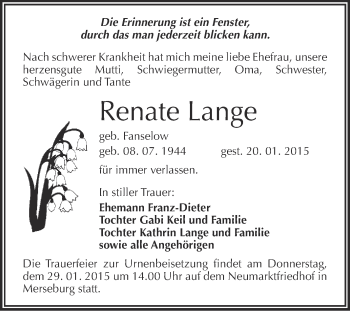 Traueranzeige von Renate Lange von WVG - Wochenspiegel Merseburg