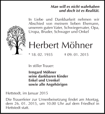 Traueranzeige von Herbert Möhner von Mitteldeutsche Zeitung Mansfelder Land