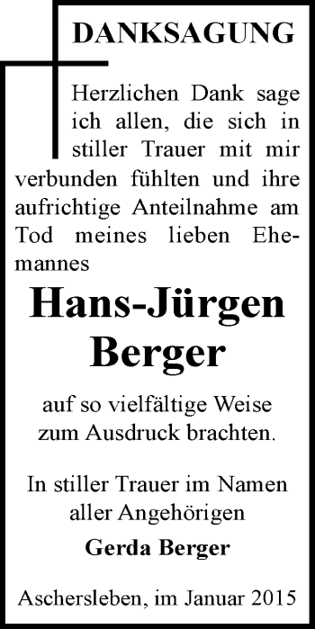 Traueranzeige von Hans-Jürgen Berger von Mitteldeutsche Zeitung Aschersleben