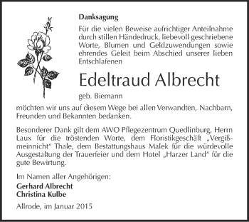 Traueranzeige von Edeltraud Albrecht von WVG - Wochenspiegel Quedlinburg