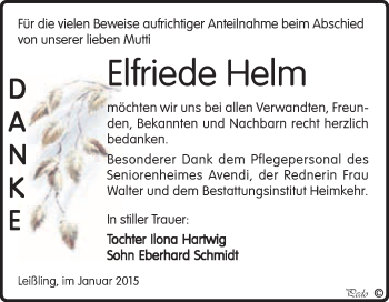 Traueranzeige von Elfriede Helm von WVG - Wochenspiegel NMB / WSF / ZTZ