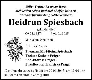 Traueranzeige von Heidrun Spiesbach von Mitteldeutsche Zeitung Bitterfeld