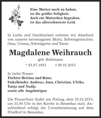Traueranzeige von Magdalene Weihrauch von Super Sonntag Bernburg