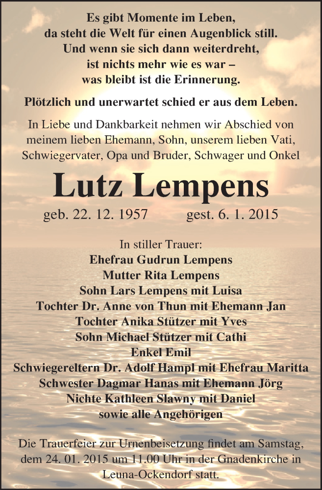  Traueranzeige für Lutz Lempens vom 17.01.2015 aus Mitteldeutsche Zeitung Merseburg/Querfurt