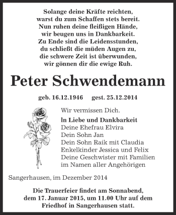 Traueranzeige von Peter Schwendemann von Super Sonntag SGH Mansf. Land