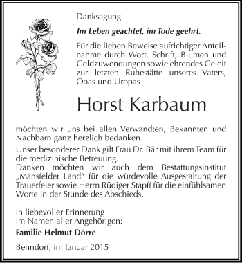 Traueranzeige von Horst Karbaum von Mitteldeutsche Zeitung Mansfelder Land