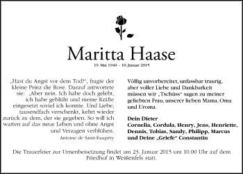 Traueranzeige von Maritta Haase von Mitteldeutsche Zeitung Weißenfels