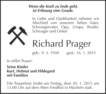 Traueranzeige von Richard Prager von WVG - Wochenspiegel Merseburg