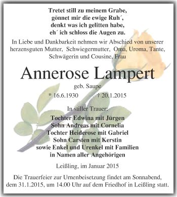 Traueranzeige von Annerose Lampert von Super Sonntag Merseburg