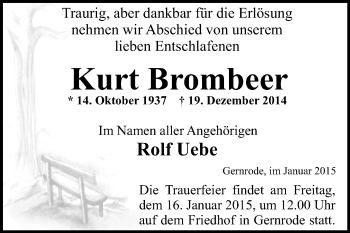 Traueranzeige von Kurt Brombeer von WVG - Wochenspiegel Quedlinburg